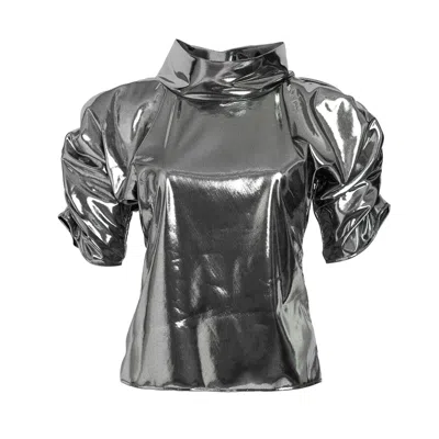 Bianca Popp Women's Puff Blouse With Collar In Shiny Silver