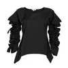 Bianca Popp Women's Ribbon Wrapped Blouse In Black With Discreet Stripes In Black
