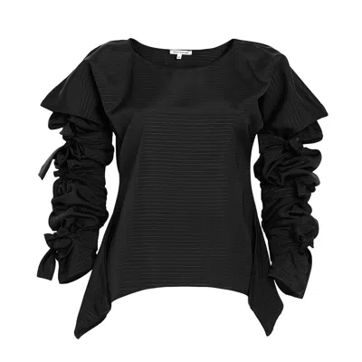Bianca Popp Women's Ribbon Wrapped Blouse In Black With Discreet Stripes