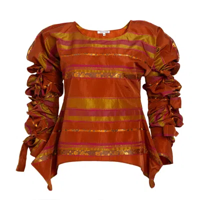 Bianca Popp Women's Yellow / Orange Ribbon Wrapped Blouse In Orange Striped Taffeta In Yellow/orange