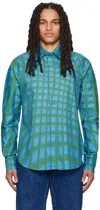 Bianca Saunders Abstract-print Cotton Shirt In Blue/green Grid Prin