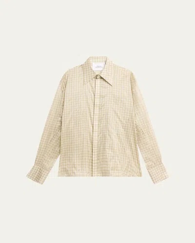 Bianca Saunders Men's Gingham Silk Sport Shirt In Coconut Cream