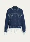 BIANCA SAUNDERS MEN'S RAW-EDGE TOPSTITCHED TRUCKER JACKET