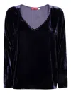 Bianco Levrin Velvet V-neck Top In Blue