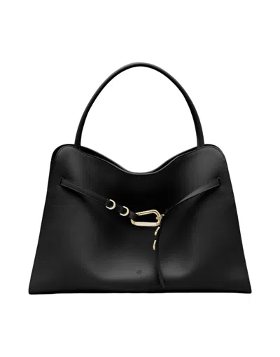 Biasia Structured Black Leather Handbag With Gold Clasp Detail
