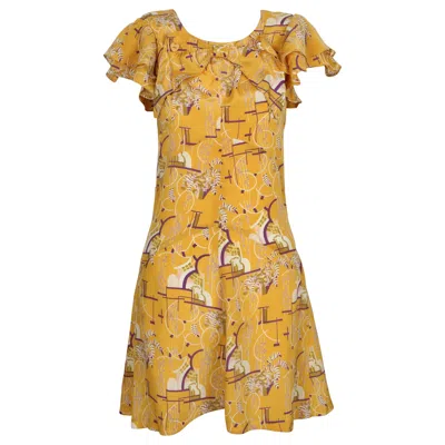 Pre-owned Biba 1960's  Art Deco Printed Jacquard Mini Dress In Brown