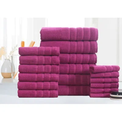 Bibb Home 18 Pc Zero Twist Standard Cotton Towel Set (9 Colors Available) In Raspberry