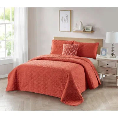 Bibb Home Solid Reversible Quilt Sets With Dec Pillows (4-piece) In Coral