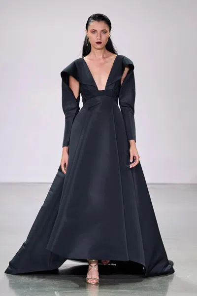 Bibhu Mohapatra Faille Gown With Draped Wing Sleeve In Black