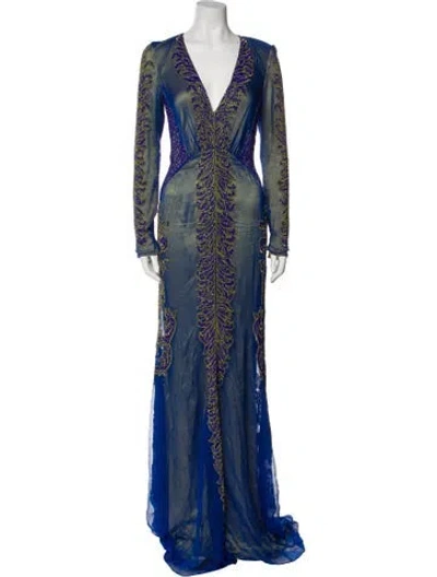 Pre-owned Bibhu Mohapatra Plunge Neckline Long Dress In Blue