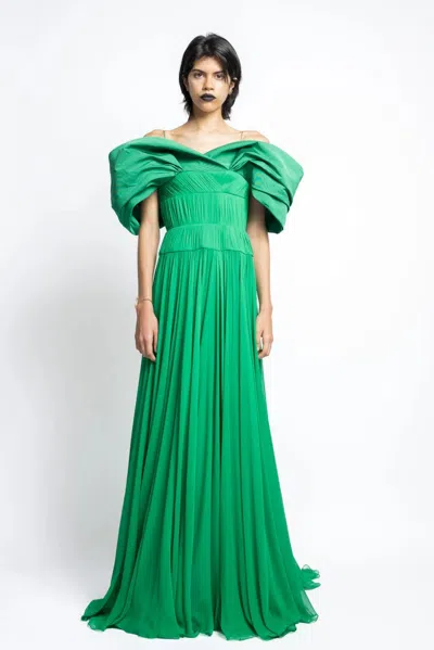 Bibhu Mohapatra Silk Pleated Chiffon Gown With Petal Faille Drape In Green