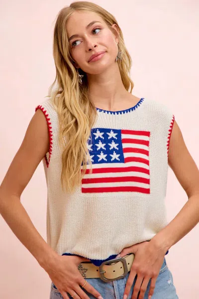 Bibi 4th Of July Blanket Stitch Knit Top In Beige Multi