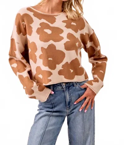 Bibi Abstract Floral Sweater In Cream/ Mocha In Brown