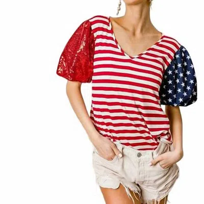 Bibi American Flag Stars And Stripes Sequin Sleeve Top In Ivory In Brown