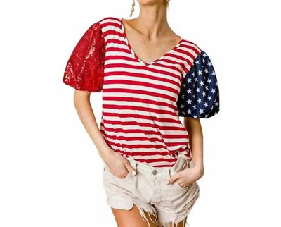 Bibi American Flag Stars And Stripes Sequin Sleeve Top In Ivory In Multi