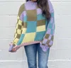 Bibi Angel Girl Color Block Checkered Sweater In Lilac/olive/denim In Multi