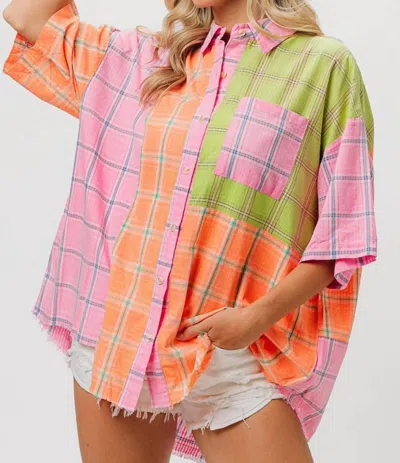 Bibi Bleach Washed Check Plaid Shirt In Pink/peach/lime In Multi