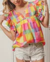 Bibi Brielle Multicolored Ruffled Top In Pink/yellow/blue In Multi