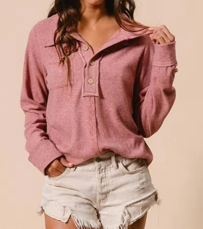 Bibi Brushed Buttoned Collar Top In Burgundy In White
