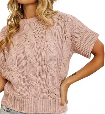 Bibi Cable Knit Textured Short Sleeve Sweater Top In Almond In Pink