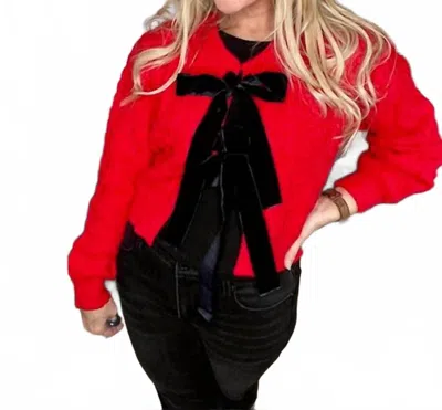 Bibi Cable Knit Velvet Bows Sweater In Red