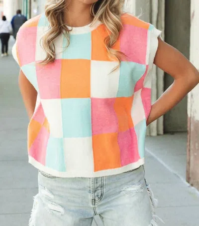 Bibi Checkered Sweater Vest In Pink Multi