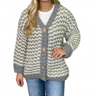 Bibi Chunky V-neck Cardigan In Grey And Ivory In Brown