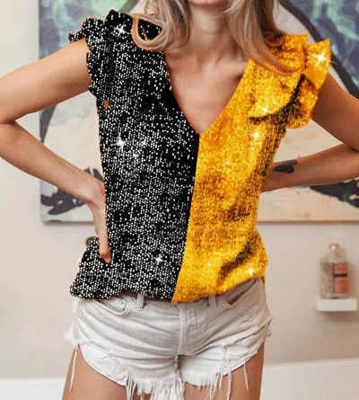 Bibi Color Block Sequin Top In Black/gold