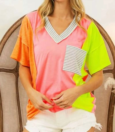 Bibi Women's Color Block V-neck Top In Coral/pink/n. Yell In Multi