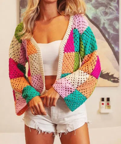 Bibi Color Checker Sweater Cardigan In Oatmeal Multi