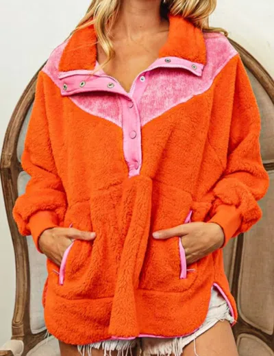 Bibi Corduroy Neck Half Sherpa Pullover In Pink/blood Orange In Multi