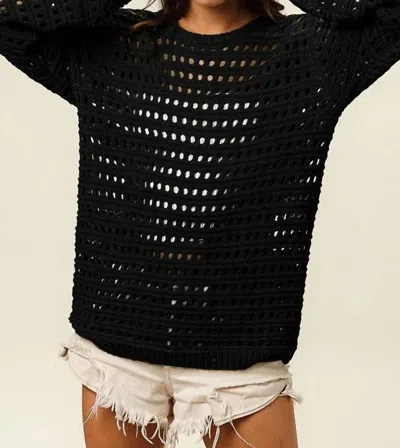 Bibi Crew Neck Open Knit Sweater Top In Black