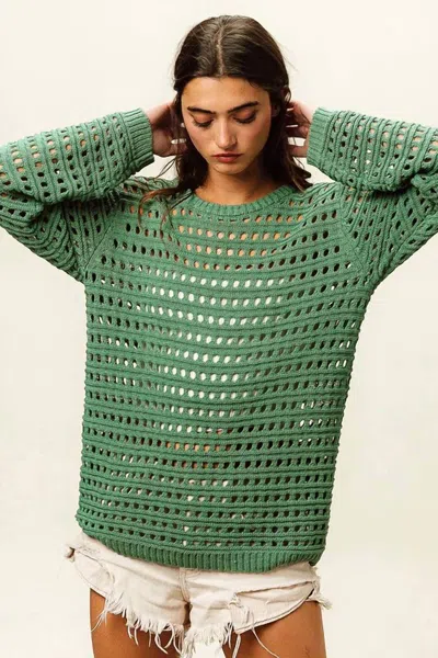 Bibi Crew Neck Open Knit Sweater Top In Dusty Sage In Black