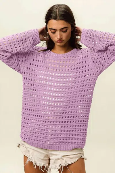 Bibi Crew Neck Open Knit Sweater Top In Lavender In Purple