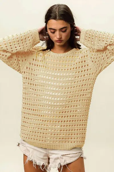 Bibi Crew Neck Open Knit Sweater Top In Oatmeal In Gold