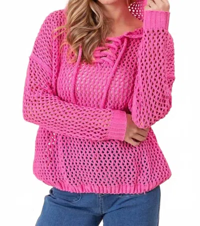 Bibi Crochet Knit Front Cross Strap Hoodie Top In Fuchsia In Pink