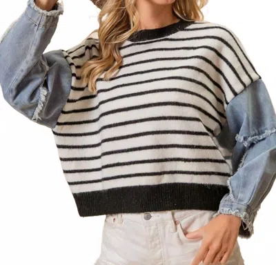 Bibi Denim Sleeves Striped Sweater In Black Multi