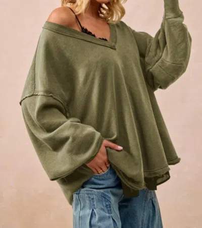 Bibi Desert Dreamer Oversized V-neck Sweatshirt In Dusty Olive In Green
