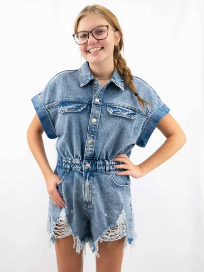 Bibi Distressed Cinch Waist Denim Romper In Blue