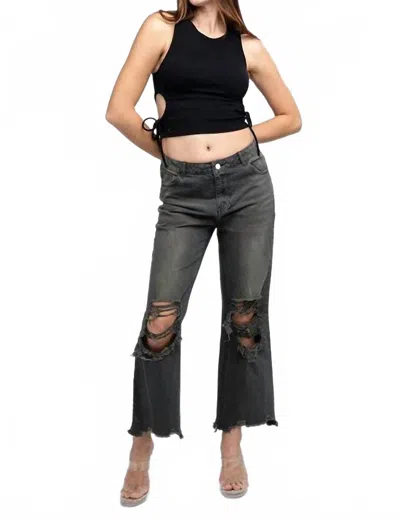 Bibi Distressed Vintage Washed Wide-leg Western Pants In Black Charcoal