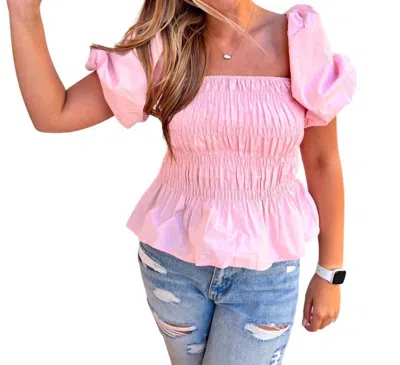 Bibi Ellery Puff Sleeve Square Neck Smocked Peplum Top In Pink