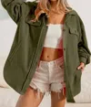Bibi Fleece Buttoned Down Oversized Jacket In Olive In Green