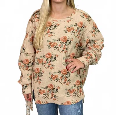 Bibi Floral Cut Edge Oversized Waffle Thermal Top In Beige In Multi