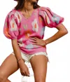 Bibi Floral Pattern Puff Sleeves V-neck Sweater In Multicolor In Pink