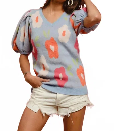 Bibi Floral Pattern Puff Sleeves V-neck Sweater In Light Blue
