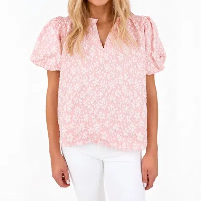 Bibi Floral Pattern Texture Sleeve Ruffle Neck Top In Blush In Pink
