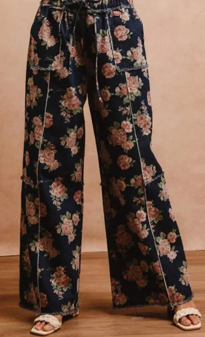 Bibi Floral Print Denim Pant In Rose Blossom