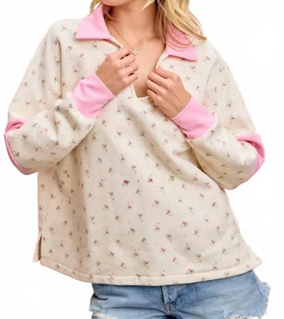 Bibi Floral Print French Terry V Neck Collared Top In Cream In White