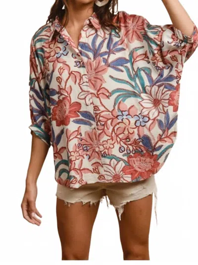Bibi Floral Print Oversized Short Sleeve Top In Dusty Pink Multi