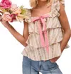 Bibi Floral Print With Bow And Ruffle Square Neck Blouse In Ivory / Pink In Neutral